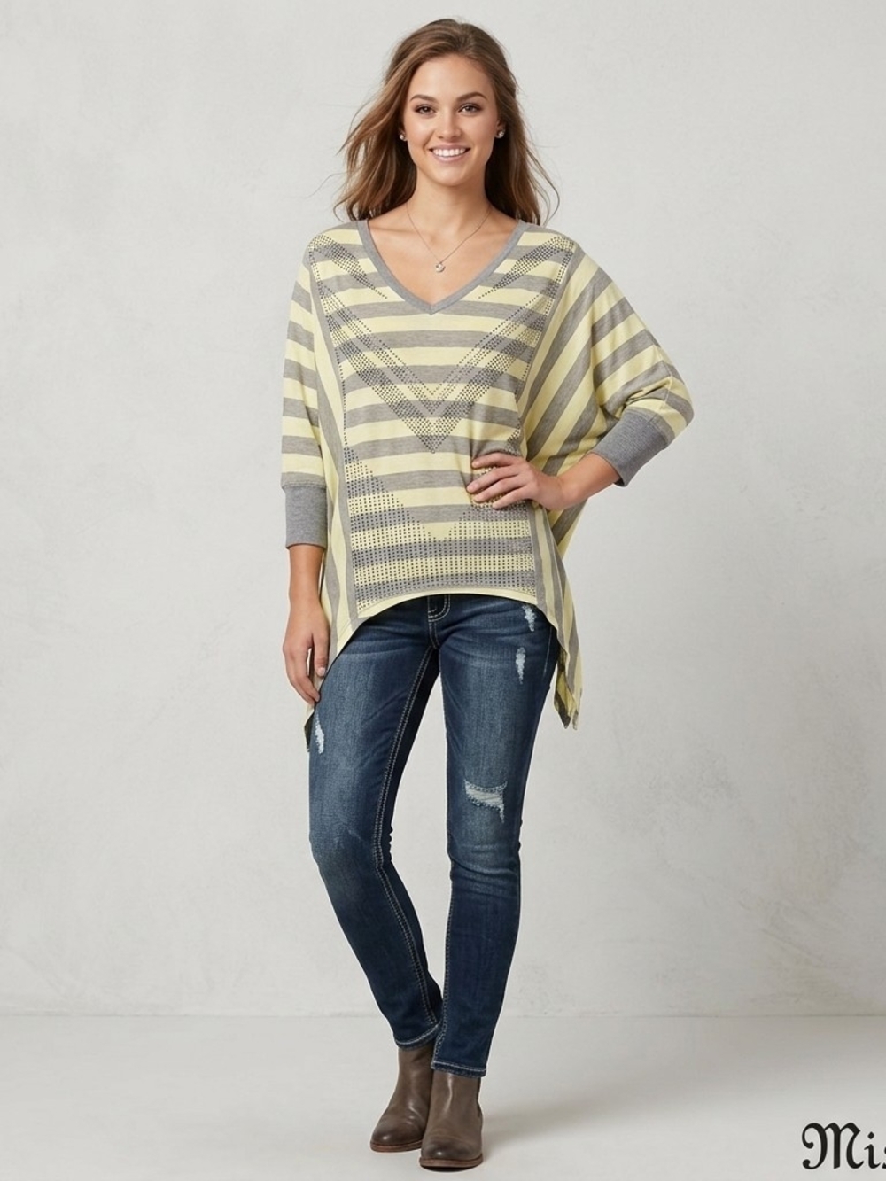 Miss Me Yellow and Gray Striped V-Neck Knit Top